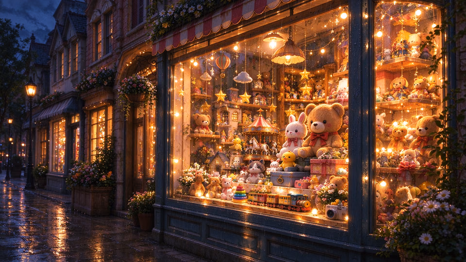 Toy Shop Window rainy night scene preview
